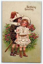 1909 Birthday Greetings Boy And Girl Sword With Flowers Germany Posted Postcard picture