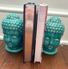Set of 2 Vintage Blue Ceramic Buddha Head Bookends picture