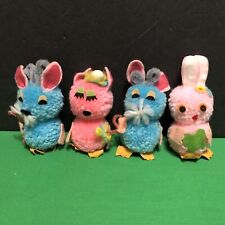 4 Vintage Easter Puff Ball Pompom Bunnies Pink & Blue Holiday Rabbits picture
