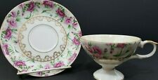 Early 1900s French Footed Tea Cup Saucer Romantic Carnations Gold Embellished picture