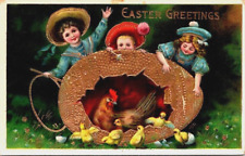 Antique Postcard Easter Greetings Victorian Children Broken Egg Hen Chicks c1910 picture