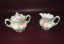 Antique R.S. Prussia Fine Porcelain Cream & Sugar w/ Pink & Green Floral Decor picture