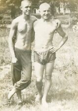 Shirtless Handsome young men couple hug bulge beach trunks gay vtg photo picture