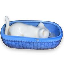 Vintage White Cat Kitten in Blue Basket Porcelain Figurine 3x1.5