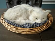 Realistic White Sleeping Cat in Basket Figurine Soft Real Feel Fur picture