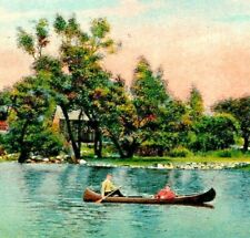 C.1910s Lynn, MA. Scene At Flax Pond. Fishing In A Canoe. Man. Woman. Mason Bros picture