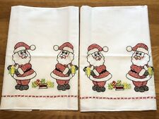 Two Vintage Pillowcases Embroidered Cross Stitch Santa With Gifts Cute Set picture