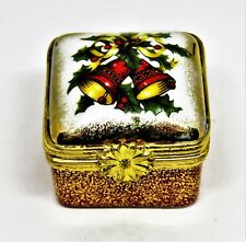 LIMOGES FRANCE BOX ~ CHRISTMAS ~ DUBARRY FLORAL ~ BELLS & HOLLY & RIBBONS picture