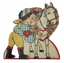 Antique RaceHorse & Jockey Valentine Card Wreath Of Roses picture