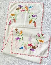 Vintage Hand Embroidered Dresser Scarf Lace Floral Table Runner 41.5x14.25 picture