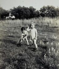 Two Boys In Field Picking Flowers B&W Photograph 2.75 x 4.5 picture