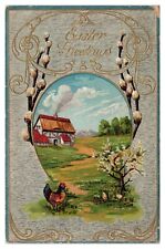 Vintage 1910's Embossed Easter Greetings Postcard Farmhouse Hen and Chicks Unp. picture