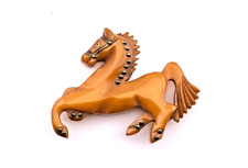 Vintage Carved Painted Bakelite  Horse Brooch with All Brass Tacks picture