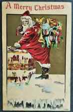 Santa Claus in Chimney on Snowy Roof with Toys~Antique Christmas Postcard~h924 picture