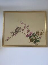 Vintage 1960 Tiki Asian Style Framed Bird Flowers Painting By John Powell 21x17” picture