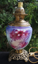 Antique 1890s Victorian Pittsburgh Milk Glass Oil Lamp - HAND PAINTED FLOWERS picture