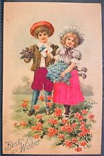 Two Children wearing Silk Clothing holding Flowers~add on embossed Postcard picture