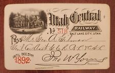 RARE 1892 UTAH CENTRAL RAILWAY RAILROAD PASS picture