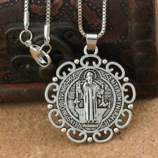 Silver Saint St Benedict Protection Medal Ornate Pendant Necklace 24