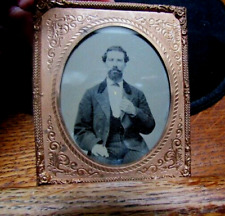 Antique 6th Plate Tintype In Frame Bearded Young Man  picture