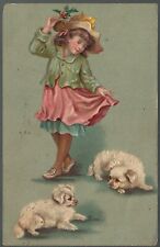 Postcard Little Girl In A Dress Playing With Her Two Puppies 1910 picture