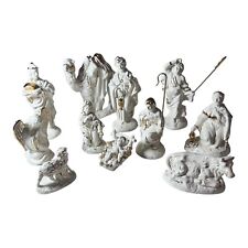 Vintage 90s Nativity Set Ceramic Mold Figurines 11 Piece White Gold Signed MS picture