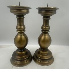 VTG MidCentury Style Flemish Patinated Brass Heavy Chunky Pricket Candlesticks picture