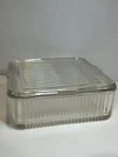 Vintage Federal Glass? Ribbed Square Vegetable Refrigerator Dish with Lid 8”chip picture