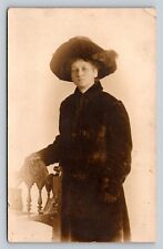RPPC Woman Fur Coat Picture Hat Studio Image ANTIQUE Postcard AZO 1904-1918 picture