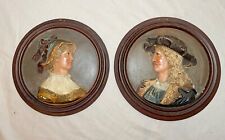 pair of antique 19th century handmade painted pottery relief wall plaques art picture