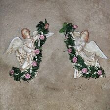 Vtg. Midwest Importer Ceramic Wall Plaques 2 Flying Angels w/Pink Rose Sachet picture