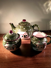 Chance Hold Winter/Holiday Tea Pot, Sugar& Creamer Green/Log Cabin picture
