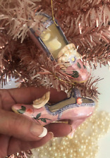 Set 2 Vtg Pink Ceramic LUSTER French VICTORIAN HEEL SHOES XMAS ORNAMENTS Rose 1 picture