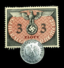 Rare Old WWII German War 1 Rp Coin & 3 Zolty Stamp World War 2 Artifacts picture