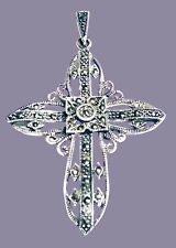 Vtg Signed DBJ Marcasite Sterling Silver Cross Pendant Long 2.5” Beautiful picture