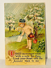 SWEET Antique VALENTINE'S DAY POST CARD Art Nouveau CHERUB MESSENGER W/ HEARTS picture