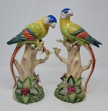 Elegant Pair of Andrea by Sadek Parrots Perched on Tree Stump Flowers Figurines picture