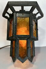Antique Herwig Arts Crafts Cast Iron Ceiling Light Lamp Amber Glass Skyscraper picture
