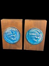 2 VTG WHEATON BLUE IRIDESCENT GLASS WOOD BOOK ENDS ABRAHAM LINCOLN MCM picture