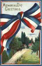 Memorial Day Church Patriotic Red White Blue Ribbon Embossed c1910s Postcard picture