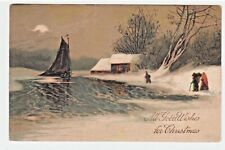 PFB Christmas Vintage Postcard Sailboat Boat Winter Scene Moon 9001 Germany 1909 picture