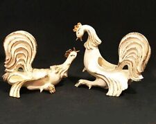 Mid Century pottery. Pair of sparring roosters. Planters. Marked 1954. Cream and picture