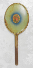 Antique Hand Mirror Beveled Glass Gold Tone Metal Rose Pink Green Blue 12