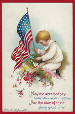 Clapsaddle Boy American Flag Memorial Day Grave Patriotic A/S PC Emb Vtg c1910 picture