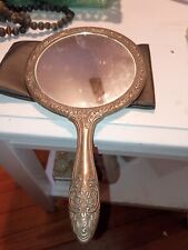 Vintage Hand Held Mirror Round Vanity Silver Plate Heavy Floral Ornate. picture