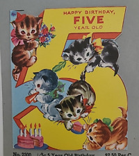 1950s Vtg 5th BIRTHDAY w 5 KITTENS Cats Have Party CAKE 1953 Orig 5cent CARD picture