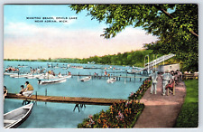Original Old Vintage Postcard Manitou Beach Devils Lake Boats Adrian Michigan picture