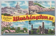 Greetings From Washington DC Multiview US Capital Cherry Blossoms Linen Postcard picture