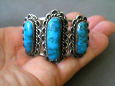 Native American Navajo 3-Stone Rich Blue Turquoise Sterling Silver Cuff Bracelet picture