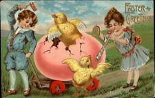 Easter Children 1913 Easter Greetings Antique Postcard 1c stamp Vintage picture